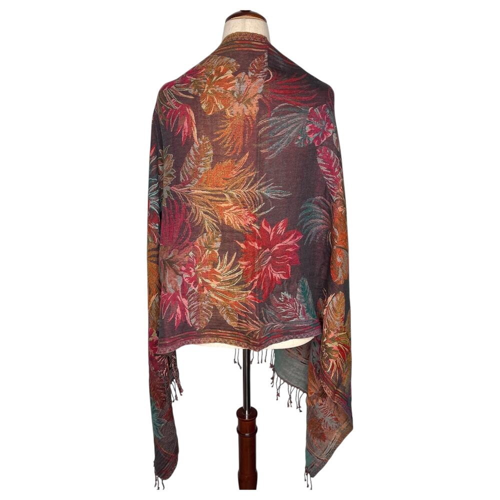 Saachi Autumn Blooms Fringe Scarf 27x72 Floral Print Cotton Wool Brown Colorful